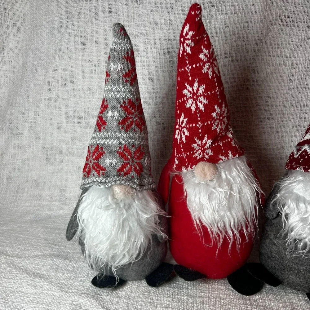 Set of 3 Christmas Gnomes‎ Stuffed Standing Holiday Nordic Red Gray 13.5
